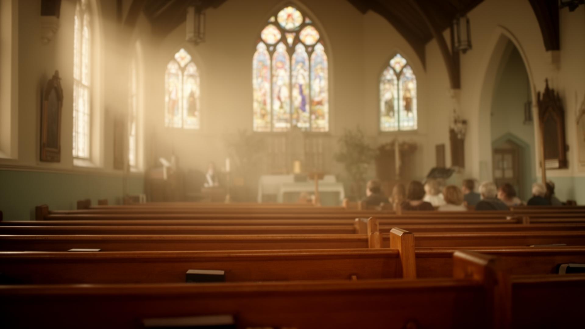 Sunlight streaming through stained glass into a Baptist church sanctuary